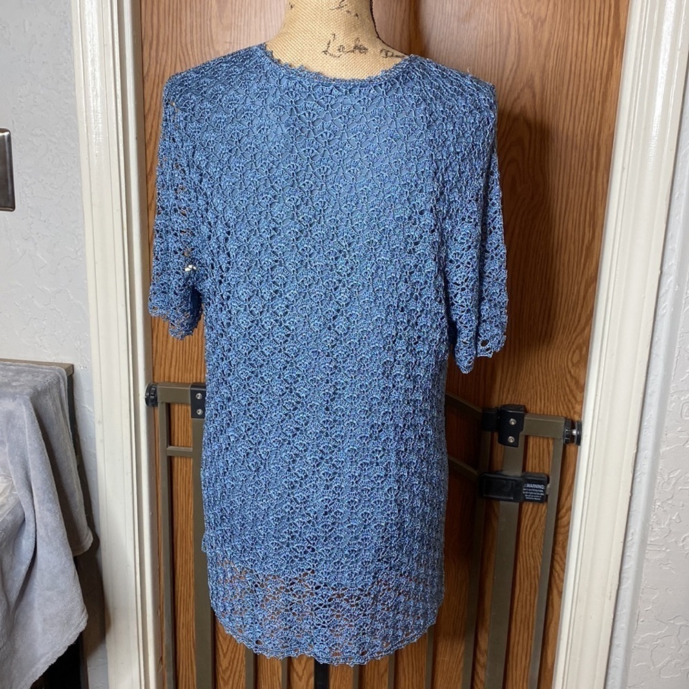 NWT Elisabeth Petite Blue Crochet Lace Top 1P Lined Short Sleeve Boho Blouse - Picture 4 of 9